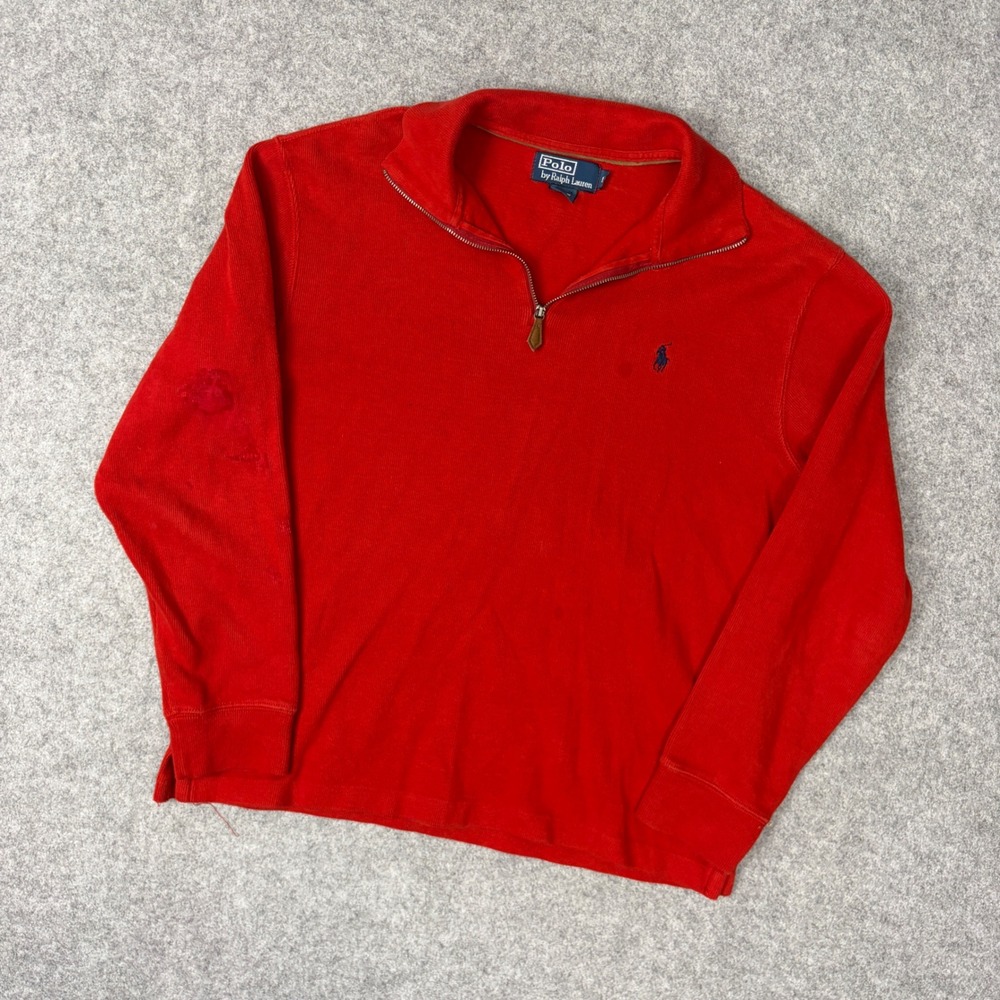 Polo Ralph Lauren Mens Red Ribbed Cotton Quarter Zip Pullover Sweater Size M